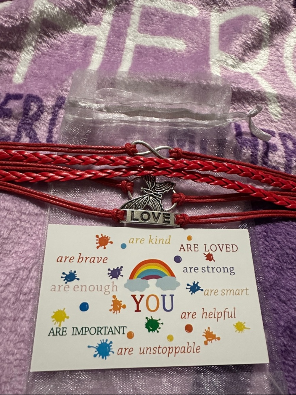 LOVE Red Faux Leather Braided Bracelet - Infinity Charm with affirmation card